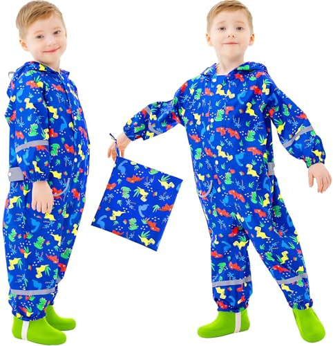 Domueay Imperméable Enfants Garçons Combinaison de Pluie Respirant Léger Vetement de Pluie avec Capuche Zip Vêtements Imperméables pour Enfants 3-5 Ans