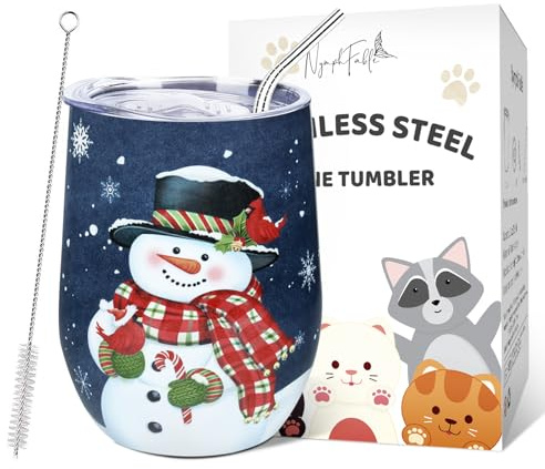 NymphFable 12 Oz Pupazzo di Neve Tumbler Isolato con Coperchio e Cannuccia in Acciaio Inox, Tazza da Caffè in Vetro per Vino