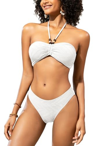 SHEKINI Bikini bandeau dos nu pour femme avec cordon à nouer dans le dos, maillot de bain deux pièces, blanc, XL