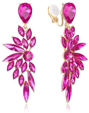 Clearine Clip-on Earrings for Women, Gorgeous Shiny Rhinestones Marquise Cluster Leaf Drop Earring for Wedding Party Prom Jewellery Accessories Hot Pink Gold-Tone