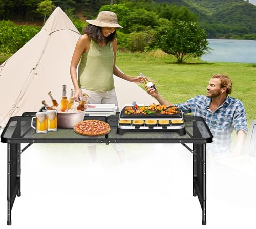 VA-Cerulean Tavolo da campeggio pieghevole, tavolo da picnic portatile, tavolo multifunzione regolabile in altezza, con piastra in metallo, tavolino per giardino, picnic sulla spiaggia, all'aperto