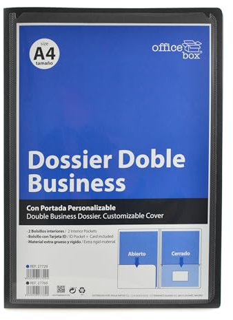 Pack 5 Dossier De Presentación Doble Business – Portada Personalizable, 2 Apartados Interiores + Tarjetero - Tamaño A4 Hasta 70 Hojas - Muy Rígido, by Office Box. (Negro)
