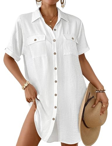 Bsubseach Women Swimsuit Coverup Button Down Bathing Suit Cover Up for Swimwear Summer Beach Shirt Dresses Resort Wear White XL