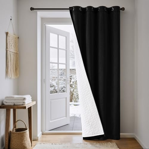 MIULEE Velvet Thermal Door Curtain Black Double Layer Quilted Blackout | Insulated Draft Blocker Heavy Duty Winter Thermal Lined Curtain for Front Door, Doorway, Living Room Indoor Privacy Divider