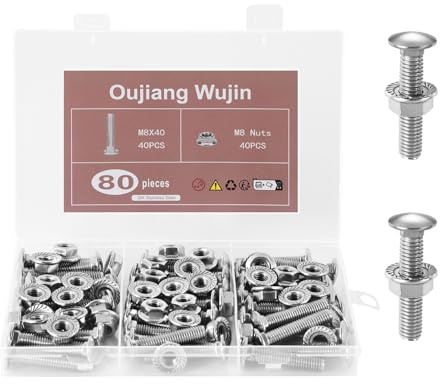 oujiangwujin Lot de 80 boulons de serrure M8 avec boîte de rangement, vis à tête fraisée avec écrous à bride, boulons à bride en acier inoxydable, vis à tête bombée avec collet carré, vis de paumelle