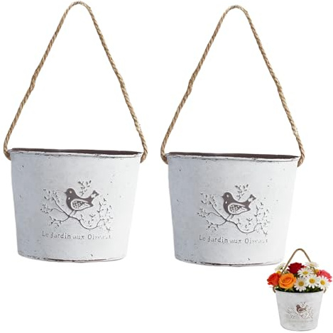 Fioriere sospese a metà cerchio - Vasi da parete in zincato per interni ed esterni, decorazione da parete, ideale per fattoria, cortile e giardino, ideale per succulente ed erbe (set di 2)