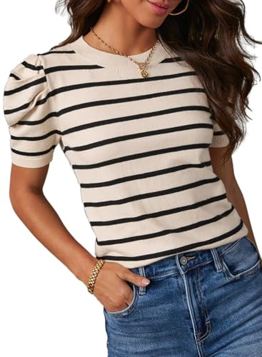 Dokotoo Womens Summer Blouses Short Puff Sleeve Striped Knit Tops Crewneck Casual Blouses Elegant Ribbed Knit Oversized Shirts X-Large