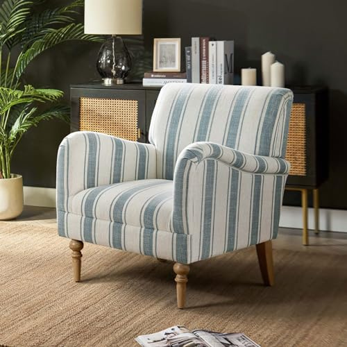 HULALA HOME Modern Accent Chair with Arms and Wooden Legs, Comfy Upholstered Armchair for Living Room, Bedroom (Stripe Pattern, Blue)