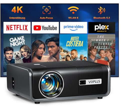 【App Oficial & Auto Focus/Keystone】 30000 Lumen Smart Proyector 4K Soporte WiFi 6 Bluetooth Full HD 1080P, VOPLLS Proyector Portatil con Dolby Audio Projector Cine en Casa para iOS/Android