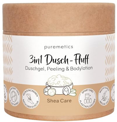 puremetics 3in1 Dusch-Fluff (250g) | Duschgel, Peeling und Lotion in Einem | vegan & plastikfrei | pflegend, hautverfeinernd & glättend | Zucker Meersalz Peeling | Zero Waste (Shea Care)