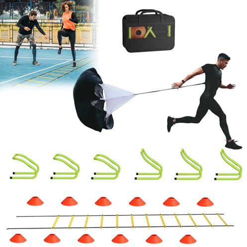 ORHEYA Set de entrenamiento de fútbol y deporte, accesorios de entrenamiento de agilidad, escalera de coordinación de 6 m, 12 conos, obstáculos de velocidad y bolsa de almacenamiento