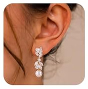 SELFROSE Pearl Earrings for Women,Dainty Wedding Earrings 14K Gold Plated Dangle Earrings for Women Trendy Hypoallergenic Rhinestone Drop Earrings Simple Pearl Wedding Earrings for Brides Jewelry