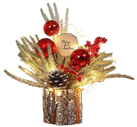 Árbol de Navidad artificial, minimesa, árbol de Navidad artificial de escritorio con bayas, árbol de Navidad con iluminación LED, 10 cm grandes plantas artificiales en maceta