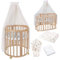 Waldin Oval Baby-Bett Mitwachsend Komplett Set 7in1, Gitterbett, Kinderbett mit Matratze, Wickelkommode, Beistellbett, Holz Natur, Stoffe Champagner Löwenzahn