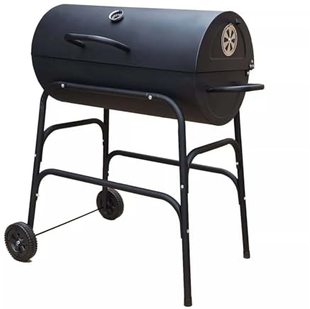 Large Smokey Barrel Drum Portable Charcoal BBQ Grill with Wheels Drum Barbecue Grill Smoker Temperature Gauge Air Vents Outdoor Garden Camping Caravan