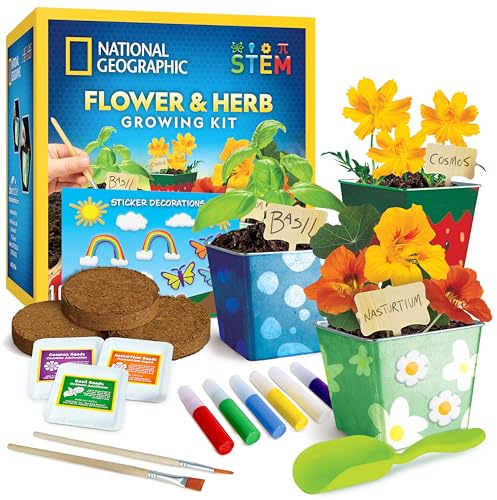 NATIONAL GEOGRAPHIC Flower & Herb Gardening Kit for Kids - Gardening Set with 3 Stainless Steel Pots, Paint & Stickers, Kids Plant Growing Kit