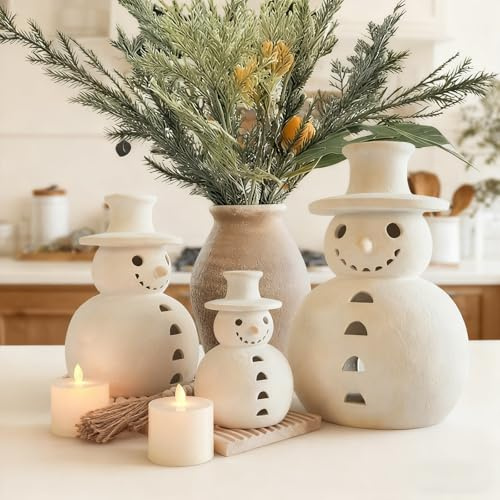 Terracotta Snowman,Cotta Snowman Decor,Christmas Decorations- Handmade Pottery Figurines - White Clay Winter Centerpiece Table Decor Holiday Rust for Indoor Home(M-7.87in)