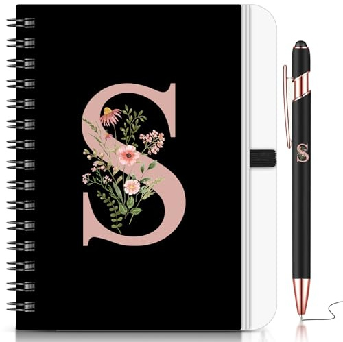 BBTO Set de Carnet de Notes avec Initiales pour Femme Cadeaux Personnalisés Carnet B6 Floral avec Stylo à Bille Pour Noël Anniversaire Fournitures de Bureau(Lettre S)