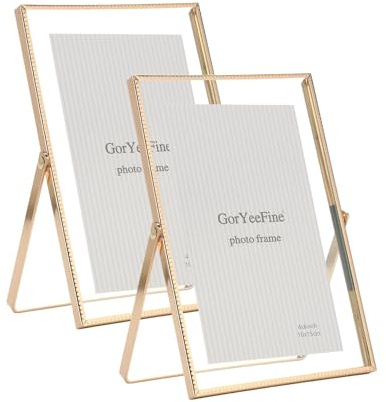Gold 4x6'' Floating Frame Set of 2,For Photo Sizes (2x3'',3.5x5''),Beautiful Metal Beaded Edge Frames Adjustable Tabletop/Shelf Photo Frame,Classy Gift Choice for Wedding,Home Decor