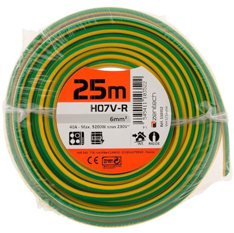 Zenitech - Câble d'Alimentation Électrique H07V-R 6 mm² - Conducteur Monobrin avec Isolant PVC - Usage Intérieur - Raccordements Résidentiels - Tension Jusqu'à 700V - 25 m - Jaune et Vert