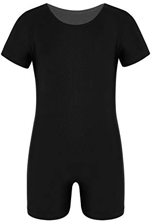 iEFiEL Unisex Kinder Jungen Mädchen Kurzarm Turnanzug Gymnastikanzug Trikot Leotard Basic Einfarbig Tanzbody Gymnastikbody Turnbody für 4-14 Jahre Schwarz 140