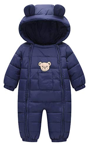 JiAmy Vinteroverall för bebis, sparkdräkt med huva, vinterkläder, tecknad björn, för pojkar & flickor, Marinblått Xsp, 3-6 månader