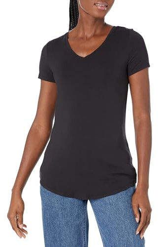 Amazon Essentials Tunique décontractée à Manches Courtes et col en V (Disponible en Grande Taille) Femme, Noir, L
