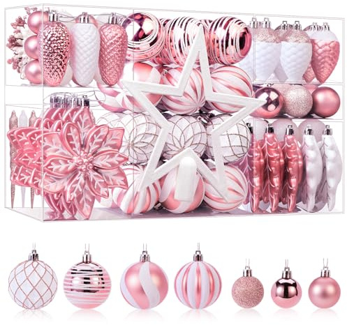 SHareconn Weihnachtskugeln Weihnachtsdeko Set Roségold Und Weiß 106 STK in 14 Farben, Bruchsichere Weihnachtsschmuck Bälle Dekoration für Weihnachtsbaum,Tolle Dekorationen für Weihnachtsfeier Hochzeit