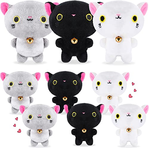 9 Pieces Mini Cat Plush Stuffed Animals Bulk Cute Small Stuffed Kitten Soft Cats Doll Plush Toys Hanging Pendant Ornament For DIY Keychain Birthday Decoration Party Favors Supplies(Bell Style)