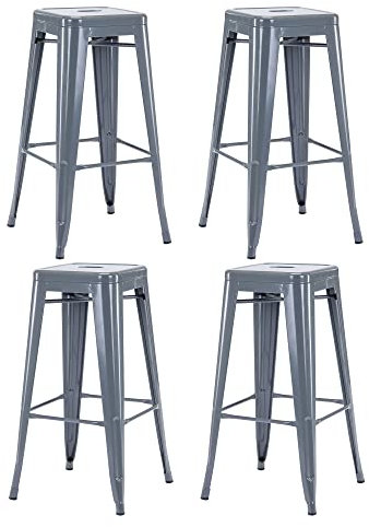 Duhome Barhocker Eisen Barstühle 4er Set, Sitzhöhe 76cm Tresenhocker, Stapelbar Metall Bistrohocker mit Fußstütze im Industry Design, Grau