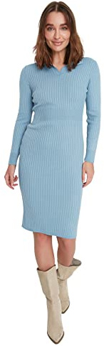Trendyol Vestido de Punto Ajustado con Cuello Polo para Mujer, Azul, L