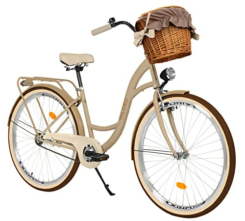 Bicicletta da donna Milord, con cestino in vimini, stile olandese, Citybike, retrò, vintage, 28 pollici, colore marrone-crema, 1 marcia