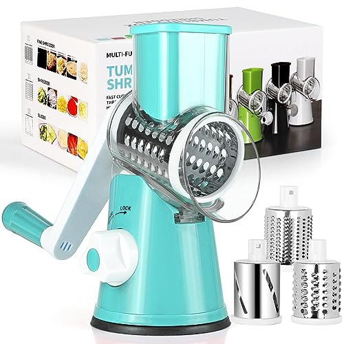 Diealles Shine Grattugia per Formaggio Rotante, Taglia Verdure Manuale Mandolina per Verdure con 3 Acciaio Inox Pale Tamburo per Cucina Verdure, Patate, Carote, insalate, Tritatutto (Blu)