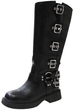 SUABON Stivali Autunno Inverno da Donna con Punta Quadrata E Fibbia in Metallo al Polpaccio per Appuntamenti di Lavoro (Color : Black, Size : 38 EU)