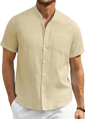 ENLISION Linneskjortor för män kortärmad vardaglig bomull morfar krage skjorta för män Button down sommar Becah Henley tröja toppar, A-beige, XXL
