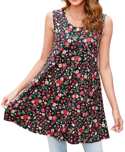 Enmain Tank Tops for Women Ladies Sleeveless Tunics Black Floral Long Summer Vest Tops for Leggings Loose Casual Blouses Stretch Round Neck S