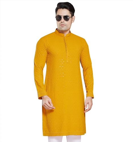 DIVISIVE Kurta Homme Paillettes Brodées Mélange de Coton Slim Fit