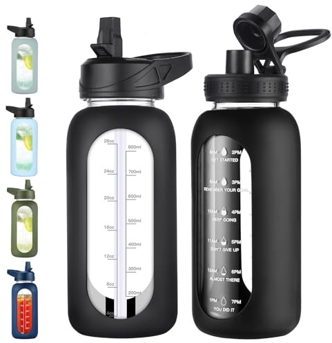 EALGRO 32 oz Glass Water Bottle with Straw and Handle, Sports Motivational Water Flask with Silicone Sleeve, Large Leakproof Water Flask Cup with Time Marker for Travel, Gym, Black