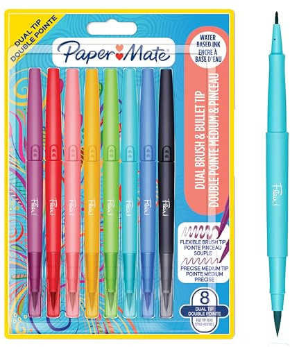 Paper Mate Flair DUAL Stylo-Feutres | Pointes Pinceau et Médium (0,7 mm) | Stylos de coloriage à double extrémité | Couleurs assorties | Lot de 8