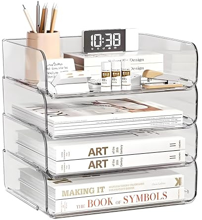 Clear Stapelbare Papierschalen 4-Pack, Ablagefächer Stapelbar, PET Clear Schreibtisch Brief Tray Set, Stapelbarer Schreibtisch Organizer für Bücher, Zeitschriften, Ordner, Papier, Notizen, Stifte