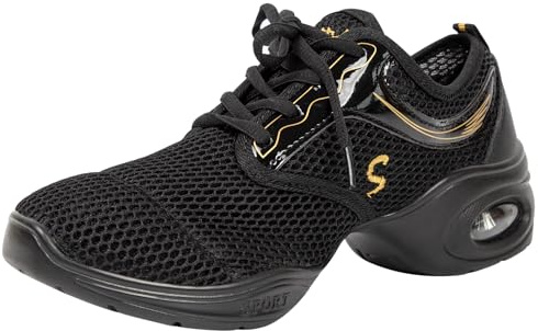 Linodes Women's Breathable Mesh Upper Jazz Dance Sneaker with Split Sole and Air Cushion Dance Multifunctional Walking Shoes Anti-Slip-Black-7.5M