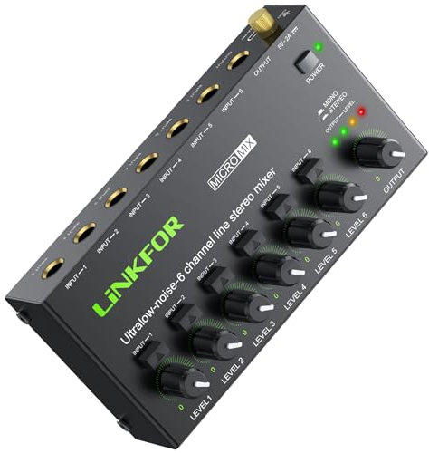 LiNKFOR Mini Mixer Audio Stereo a 6 Canali Interruttore Stereo/Mono a Bassissimo Rumore Mixer Audio 6X1 con Cavo Audio da 6,35 mm Controllo Indipendente del Volume per il Mixaggio per Club Bar