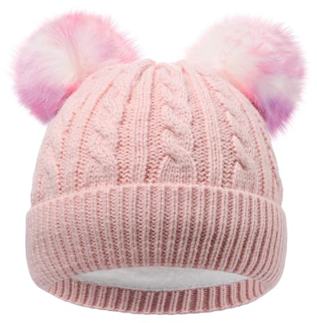 CHUANGLI Kids Girls Beanie Hats Warm Fleece Lined Knit Hat with Double Pom Pom Outdoor Ski Skull Cap for Boys Girls Ages 7-12 Pink