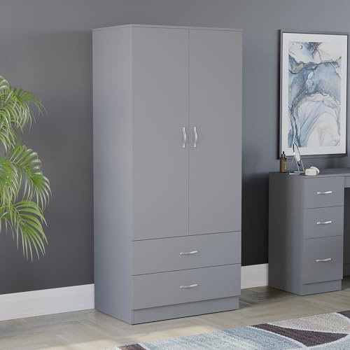 Vida Designs Riano 2 Door & 2 Drawer Wardrobe | Grey | Bedroom Furniture | 170H x 76W x 53D cm | with Shelf & Hanging Rail | Large Capacity Storage
