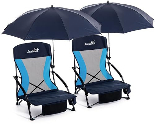 Folding Beach Chair with Umbrella for Adults, 2 Pack Portable Low Beach Chairs with 300lbs Capacity, Lightweight Fodable Camping Chair for Travel, Picnic, Concert & Outdoor Activities, Navy Blue