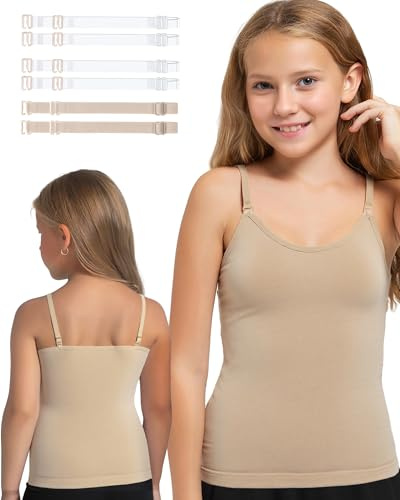 iMuchic Camisole Tank Tops for Girls, Stretch Undershirts Comfortable Camis with Clear Straps and Silicone Cover (US, Alpha, Medium, Regular, Regular, Beige)