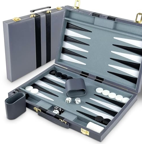 Lohofrnny Backgammon-set, 15 tum klassiskt backgammon fodral, 2 spelare brädspel bärbar resestrategi spel set för vuxna barn (18 tum, grå)