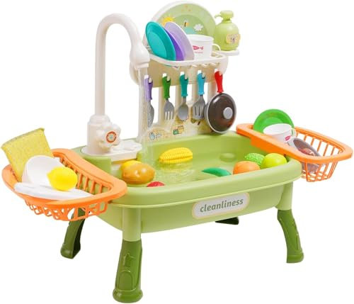 Kinder Spielküche mit Spülbecken,Wasserhahn,Geschirr und Zubehör,Küchenspüle Spielzeug Set mit Wasserkreislauf Geschirrspüler,Rollenspiel-GeschirrspülerSpielzeug,Lernspielzeug für Kinder ab 3 Jahren