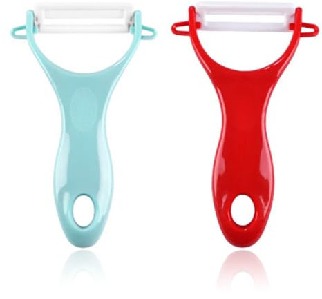 Lot de 2 éplucheurs en céramique pour pommes de terre, carottes, légumes, fruits (bleu + rouge)