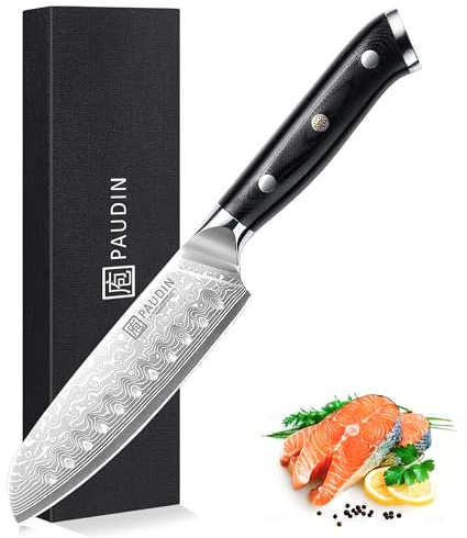PAUDIN Damastmesser santoku messer 13 CM, Profi Damast Küchenmesser für Küche, Extrem Scharf Kohcmesser und Küchenbeil, Hochwertigem Edelstahl Messer mit Scharfe Klinge und Ergonomisches G10 Griff
